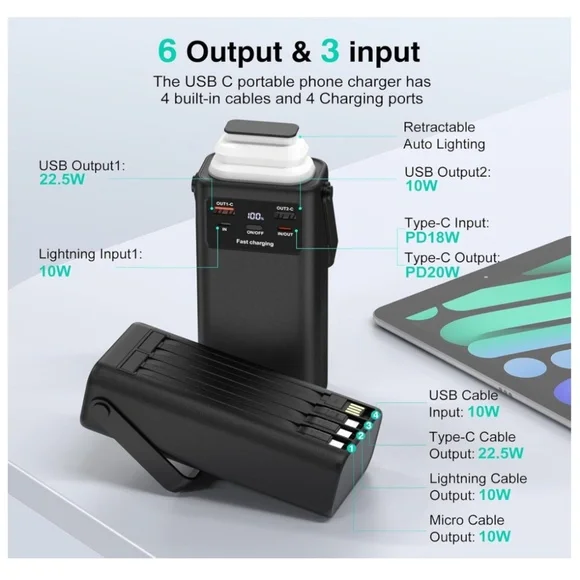 X508 Portable Power Bank STATION Charge 6 Devices with LANTERN 40000mAh - Picture 2 of 3